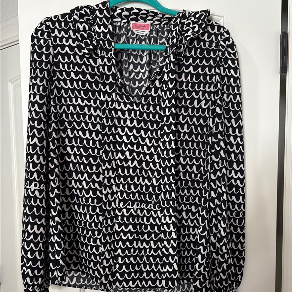 Kate Spade Black and White Tie Front Long Sleeve Blouse